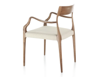 Chaise scandinave avec accoudoirs bois teinte noyer assise tissu chevron beige Chaise scandinave avec accoudoirs bois teinte noyer assise tissu chevron beige