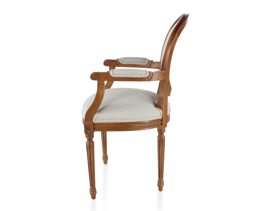 Chaise ancienne style Louis XVI avec accoudoirs bois teinte ancienne dossier canné assise tissu beige naturel