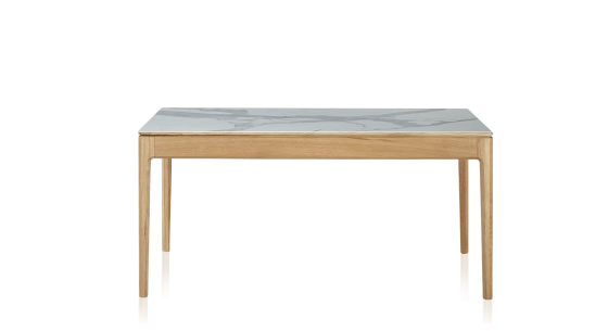 Table salle à manger en chêne et céramique 6 à 8 personnes avec bois teinte naturelle et plateau céramique effet marbre blanc 160x90 cm