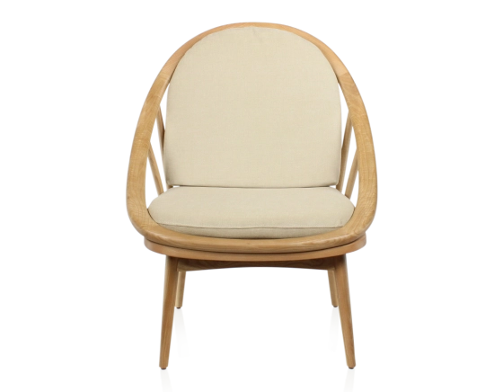 Fauteuil scandinave bois teinte naturelle et tissu crème