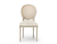 Louis XVI style antique chair wood with white cerused finish, caned backrest, and beige chevron fabric seat. Louis XVI style antique chair wood with white cerused finish, caned backrest, and beige chevron fabric seat.