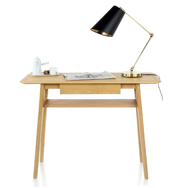 Black articulated desk lamp with black shade and gold interior Black articulated desk lamp with black shade and gold interior