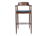 Tabouret de bar h80 cm bois teinte noyer assise tissu bleu jean Tabouret de bar h80 cm bois teinte noyer assise tissu bleu jean