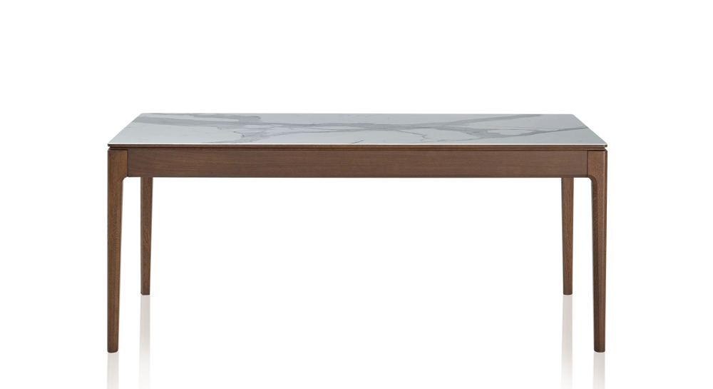 Oak and ceramic dining table for 6 people with dark brown stained wood and white marble effect ceramic top 140x100 cm Oak and ceramic dining table for 6 people with dark brown stained wood and white marble effect ceramic top 140x100 cm