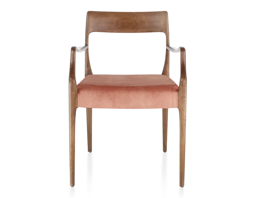 Chaise scandivave avec accoudoirs bois teinte noyer assise tissu velours rose pâle