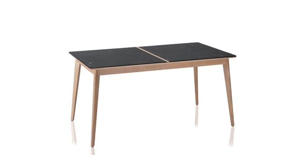 Extendable table for 8 to 12 people in oak and ceramic with wooden extensions with natural stained wood and oxidised brown ceramic top 160x100 cm