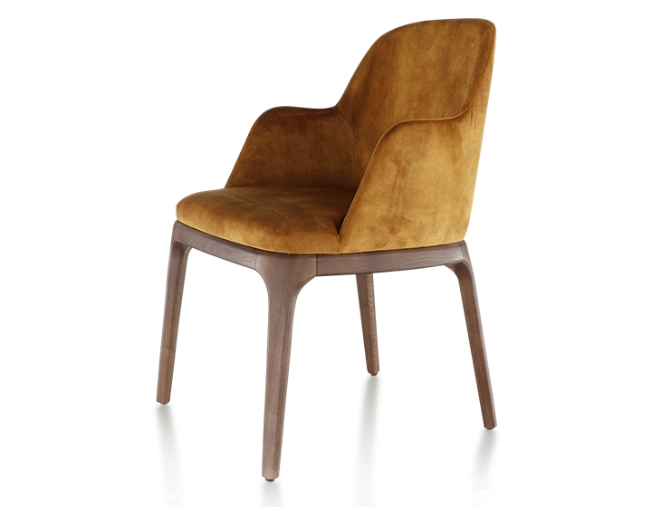 Chaise design avec accoudoirs bois teinte marron foncé et tissu velours bronze Chaise design avec accoudoirs bois teinte marron foncé et tissu velours bronze
