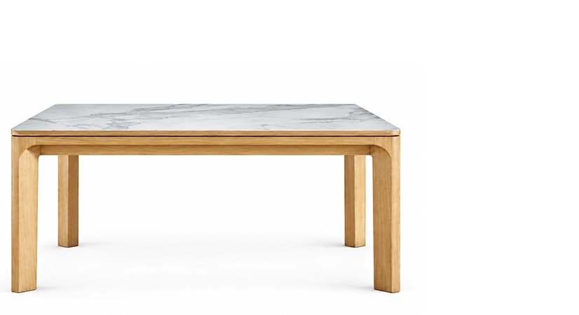 Table extensible 6 à 10/12 personnes en chêne et céramique allonges bois avec bois teinte naturelle et plateau céramique effet marbre blanc 180x100 cm