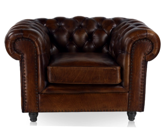 Chesterfield leather armchair dark brown studded armrests
