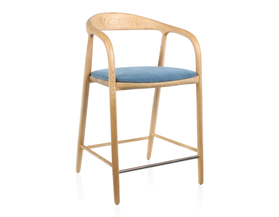 Tabouret de bar H60 cm bois teinte naturelle et tissu bleu jean