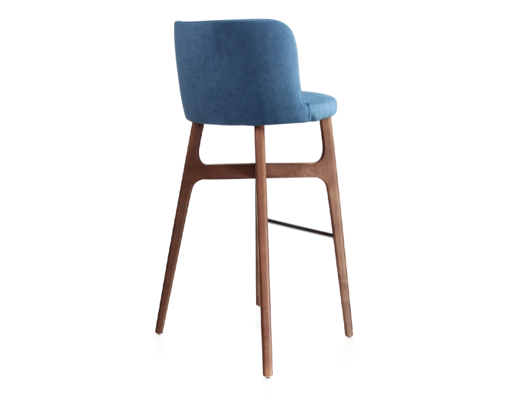 Tabouret de bar h80 cm bois teinte noyer assise tissu bleu jeans Tabouret de bar h80 cm bois teinte noyer assise tissu bleu jeans