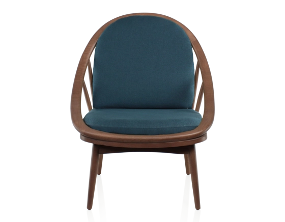 Scandinavian armchair walnut-stained wood and ocean blue fabric