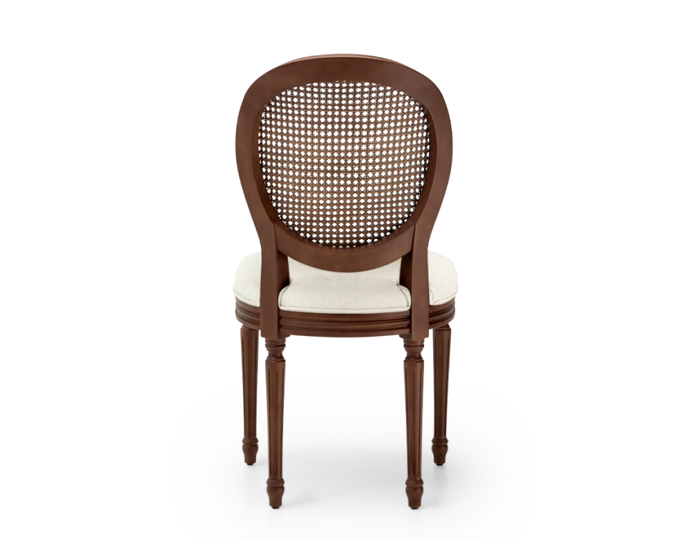 Louis XVI style antique chair dark brown stained wood with cane backrest and beige chevron fabric seat. Louis XVI style antique chair dark brown stained wood with cane backrest and beige chevron fabric seat.