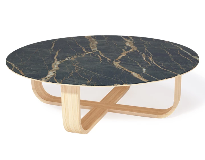 Table basse ronde en chêne et céramique avec bois teinte naturelle plateau céramique effet marbre noir 100 cm