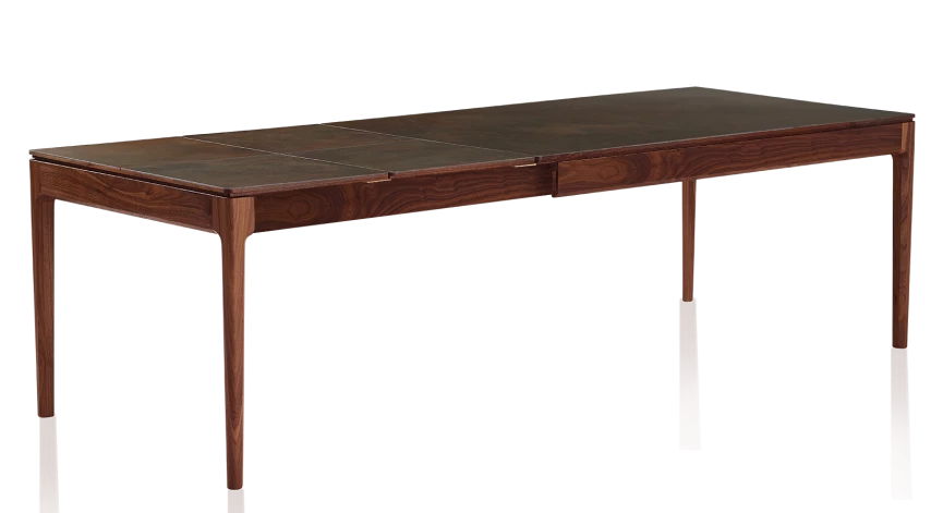 Table extensible en noyer et céramique brune oxydée 140x100 cm allonges céramique