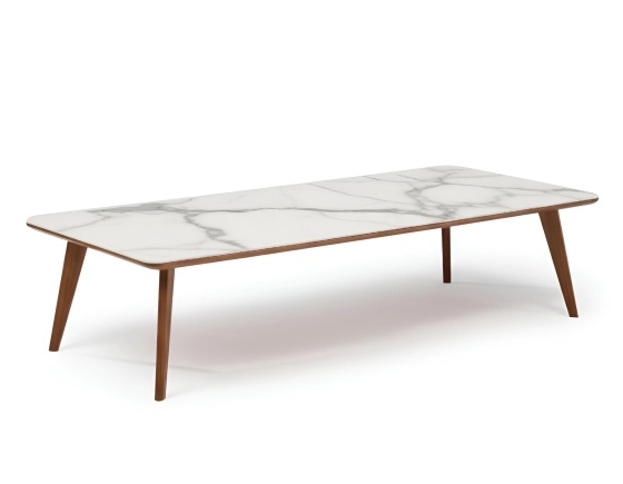 F7 rectangular coffee table in walnut and ceramic natural tint wood and white marble effect ceramic M3 120x80x30 cm