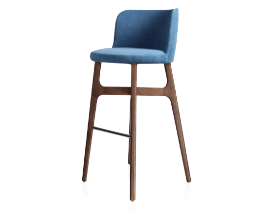 Tabouret de bar h80 cm bois teinte marron foncée assise tissu bleu jeans