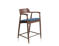Tabouret de bar h60 cm bois teinte marron foncé assise tissu bleu jean Tabouret de bar h60 cm bois teinte marron foncé assise tissu bleu jean