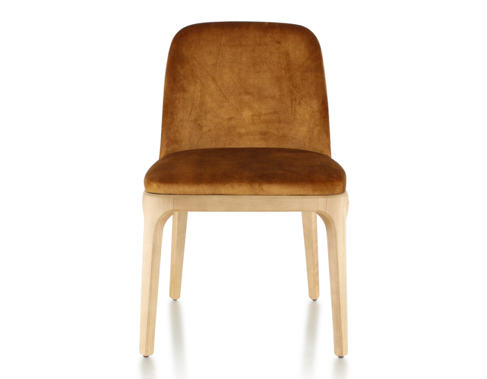 Chaise design bois teinte naturelle et tissu velours bronze Chaise design bois teinte naturelle et tissu velours bronze