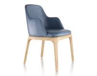 Chaise design avec accoudoirs bois teinte naturelle et cuir bleu orage