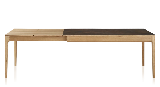Table extensible 8 à 10 personnes en chêne et céramique allonges bois avec bois teinte naturelle et plateau céramique brun oxydé 180x90 cm