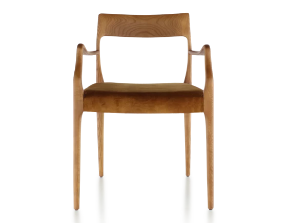 Chaise scandivave avec accoudoirs bois teinte merisier assise tissu velours bronze