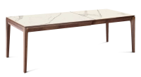 Table extensible 8 à 12 personnes en noyer et céramique allonges céramique avec bois teinte naturelle et plateau et allonges céramique effet marbre blanc 180x100 cm