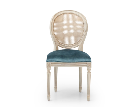 Louis XVI style antique chair white cerused wood with cane backrest and petrol blue velvet seat.