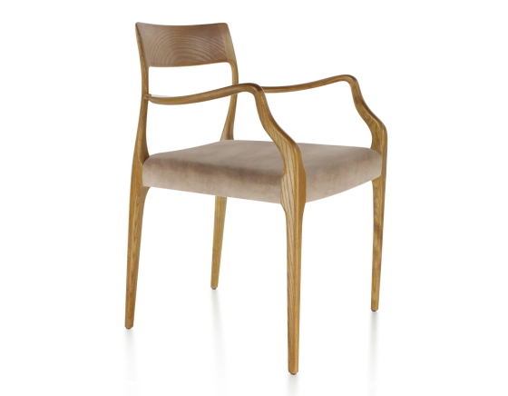 Chaise scandinave avec accoudoirs bois teinte merisier assise tissu velours taupe clair