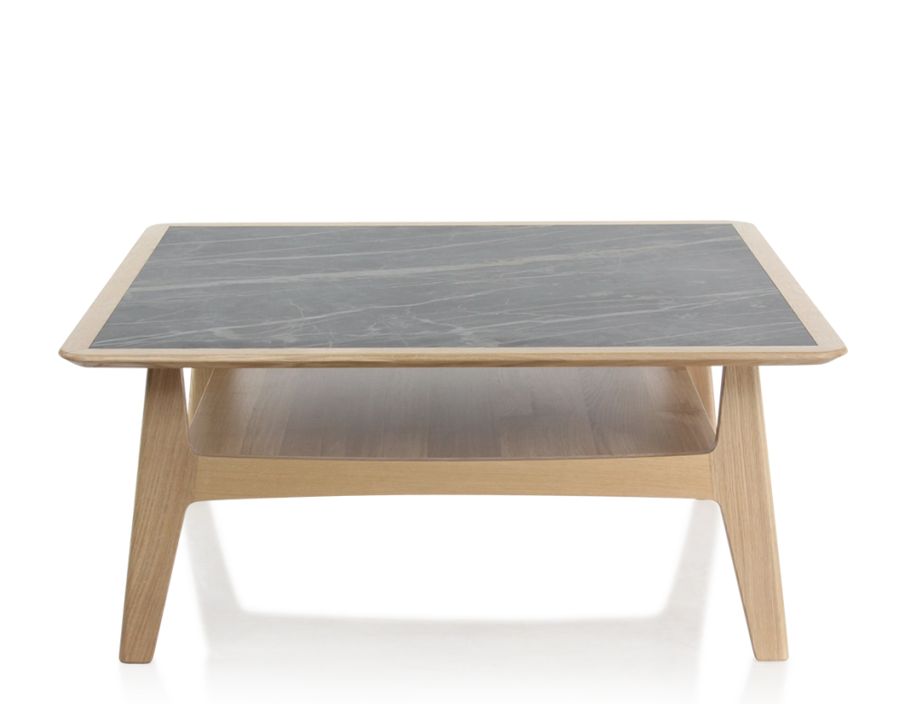 Table basse carrée en chêne et céramique avec bois teinte naturelle plateau céramique effet marbre noir 100x100 cm Table basse carrée en chêne et céramique avec bois teinte naturelle plateau céramique effet marbre noir 100x100 cm