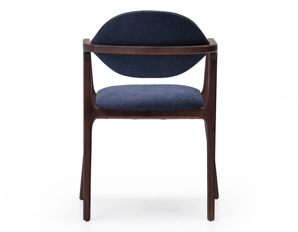 Designer armchair dark brown stained wood and ocean blue fabric. Designer armchair dark brown stained wood and ocean blue fabric.