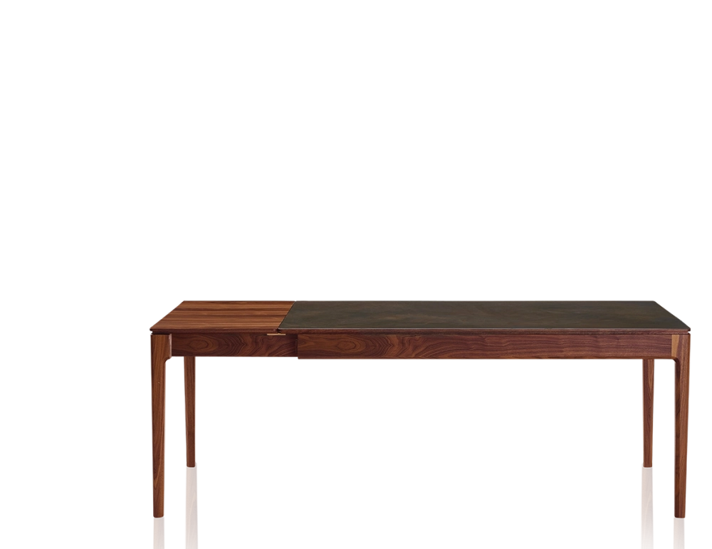 Table extensible 6 à 12 personnes en noyer et céramique allonges bois avec bois teinte naturelle et plateau céramique brun oxydé 140x100 cm Table extensible 6 à 12 personnes en noyer et céramique allonges bois avec bois teinte naturelle et plateau céramique brun oxydé 140x100 cm
