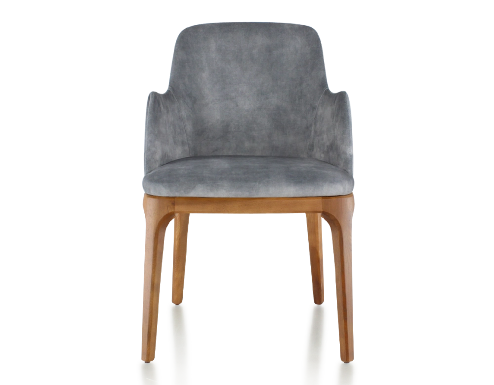 Chaise design avec accoudoirs bois teinte merisier et tissu velours gris Chaise design avec accoudoirs bois teinte merisier et tissu velours gris