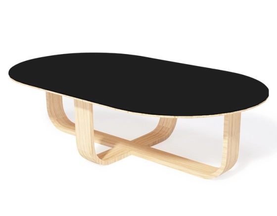 Oval coffee table in oak and ceramic with natural stained wood and plain black ceramic top 140x80 cm