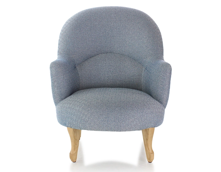 Toad armchair with armrests natural wood stain feet and blue chevron fabric Toad armchair with armrests natural wood stain feet and blue chevron fabric