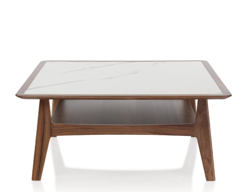Table basse carré en noyer et céramique bois teinte naturelle plateau céramique effet marbre blanc 100x100 cm Table basse carré en noyer et céramique bois teinte naturelle plateau céramique effet marbre blanc 100x100 cm