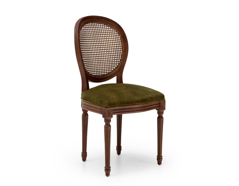 Chaise ancienne style Louis XVI bois teinte marron foncée dossier canné assise tissu velours vert olive Chaise ancienne style Louis XVI bois teinte marron foncée dossier canné assise tissu velours vert olive