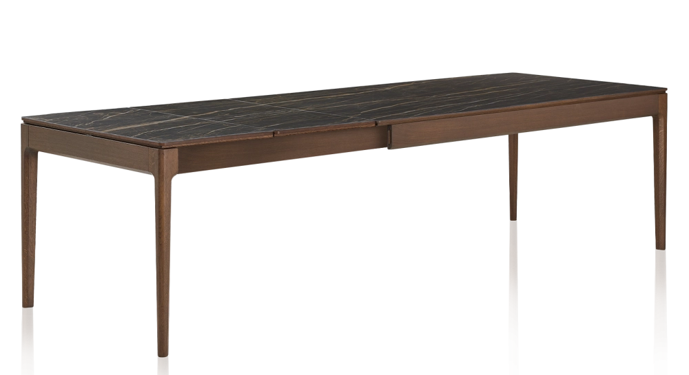 Table extensible 8 à 14 personnes en chêne et céramique allonges céramique avec bois teinte marron foncé et plateau et allonges céramique effet marbre noir 210x100 cm