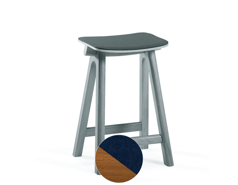 Upholstered oak bar stool H60 cm cherry-stained wood, navy blue seat Upholstered oak bar stool H60 cm cherry-stained wood, navy blue seat