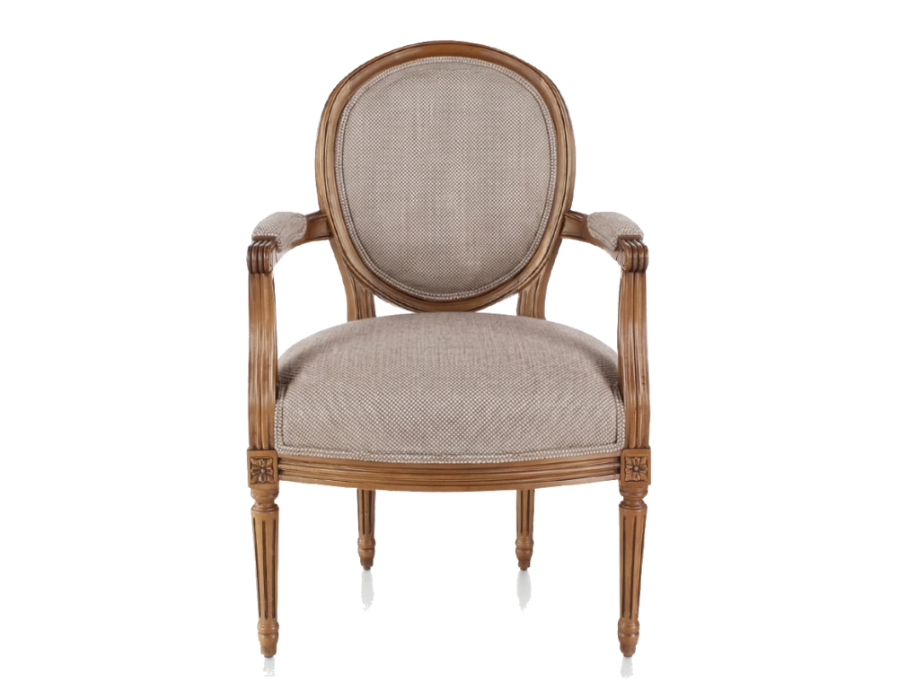 Sillón antiguo estilo Luis XVI bois teinte ancienne et tissu chiné beige, gris et orange