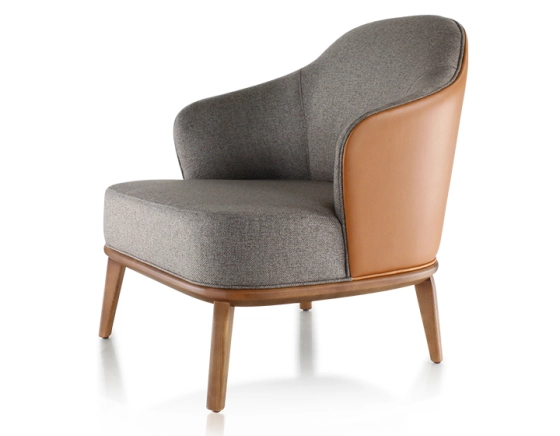 Fauteuil design cuir caramel et tissu brun