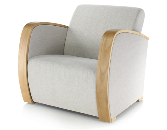Fauteuil design bois teinte naturelle et tissu beige naturel