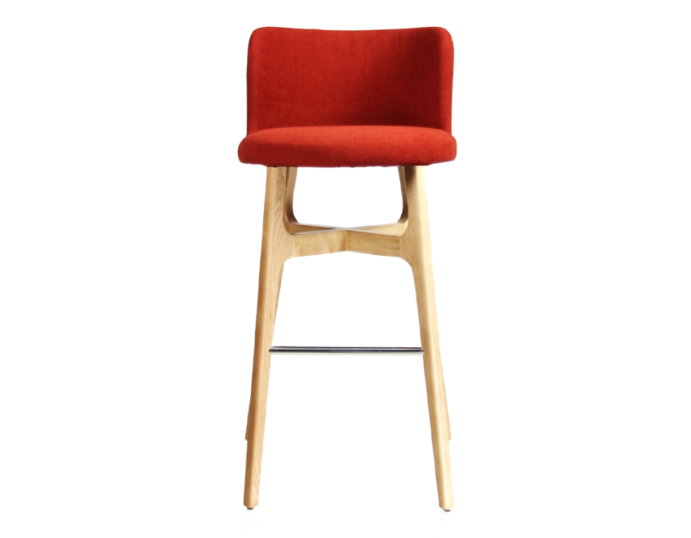Bar stool h80 cm natural stained wood, burnt orange fabric seat Bar stool h80 cm natural stained wood, burnt orange fabric seat