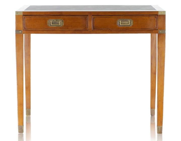 Bureau marine 2 tiroirs bois teinte merisier et cuir vert Bureau marine 2 tiroirs bois teinte merisier et cuir vert