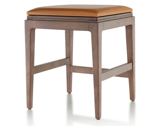 Tabouret design H45 cm bois teinte noyer assise cuir caramel