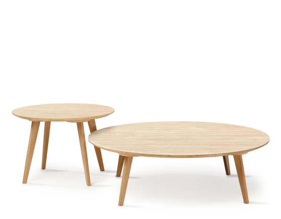 Duo de tables basses rondes F1 plateau céramique bois teinte naturelle plateau céramique effet pierre travertin