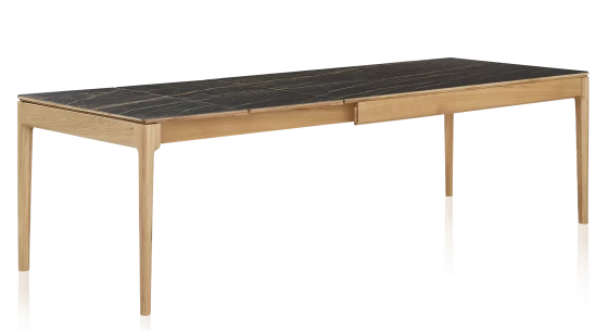 Table extensible en chêne naturel et céramique effet marbre noir 140x90 cm allonges céramique