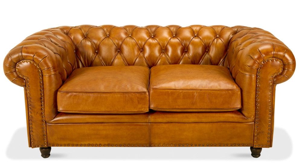Canapé Chesterfield cuir 2 places cognac accoudoirs cloutés Canapé Chesterfield cuir 2 places cognac accoudoirs cloutés