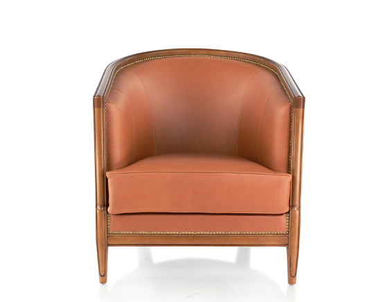 Fauteuil ancien accoudoirs moulurés bois teinte ancienne et cuir châtain