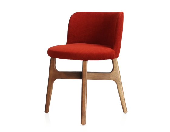 Designer chair cherry-stained wood, burnt orange fabric seat